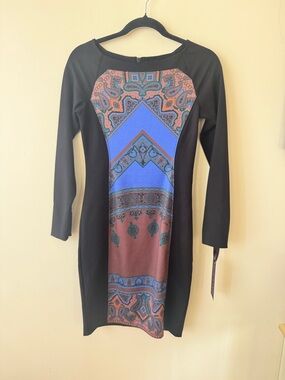 Hale Bob Black Long-Sleeve Dress with Blue & Brown Paisley Panel
